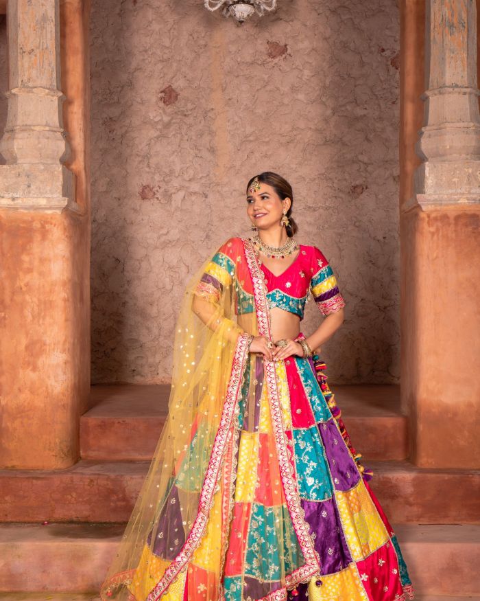 Multi colour Banarasi silk Mosaic lehenga set