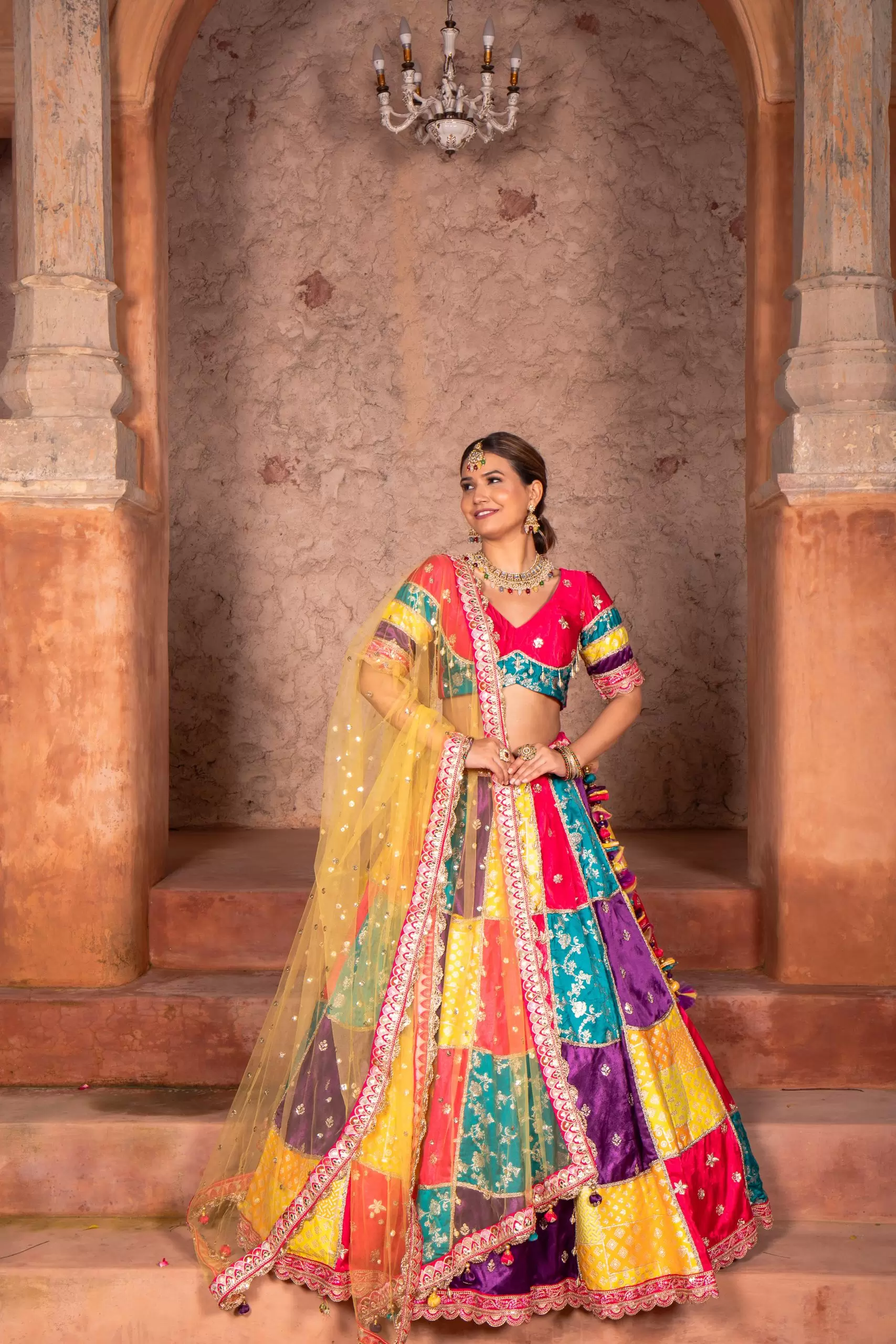Multi colour Banarasi silk Mosaic lehenga set