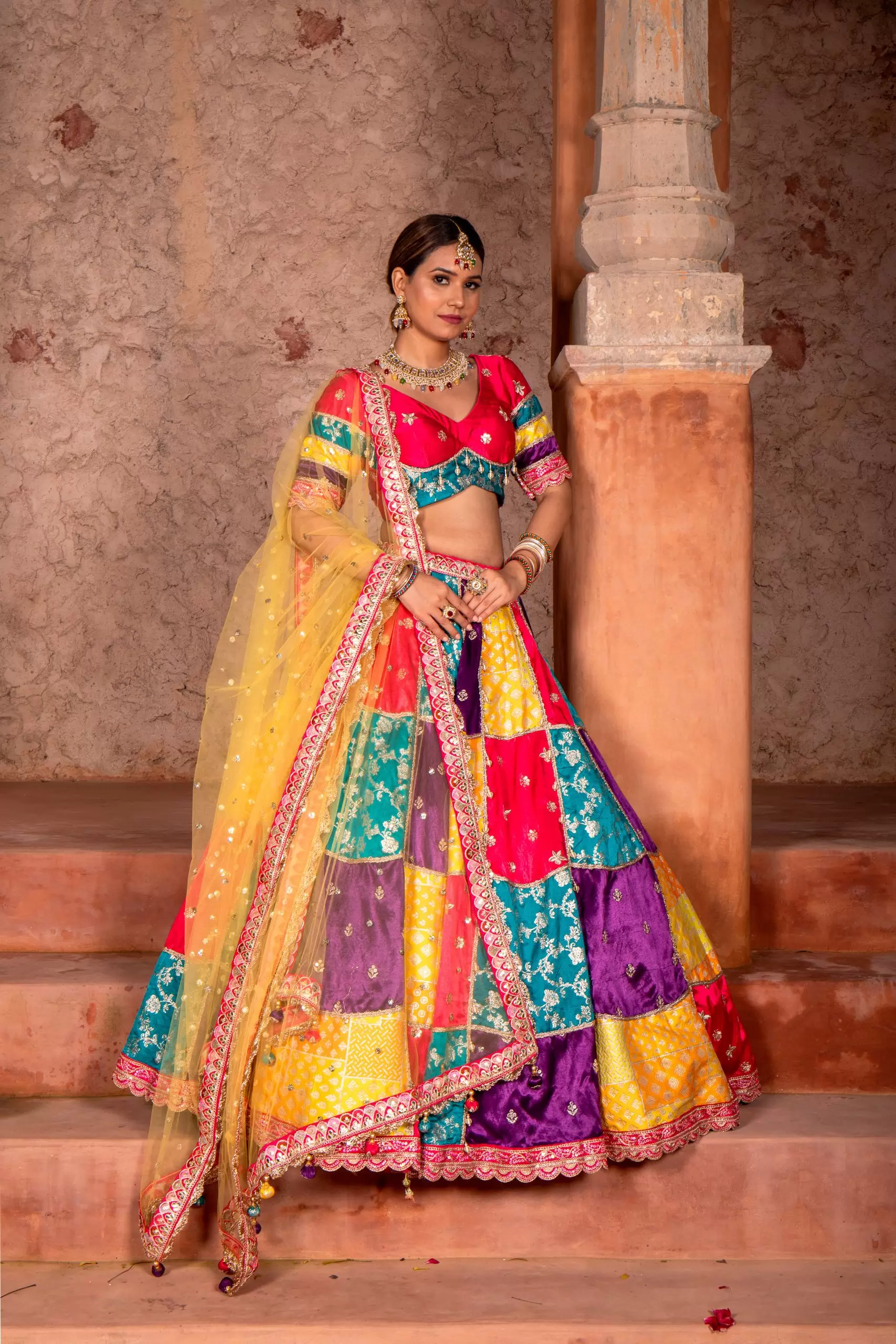 Multi colour Banarasi silk Mosaic lehenga set