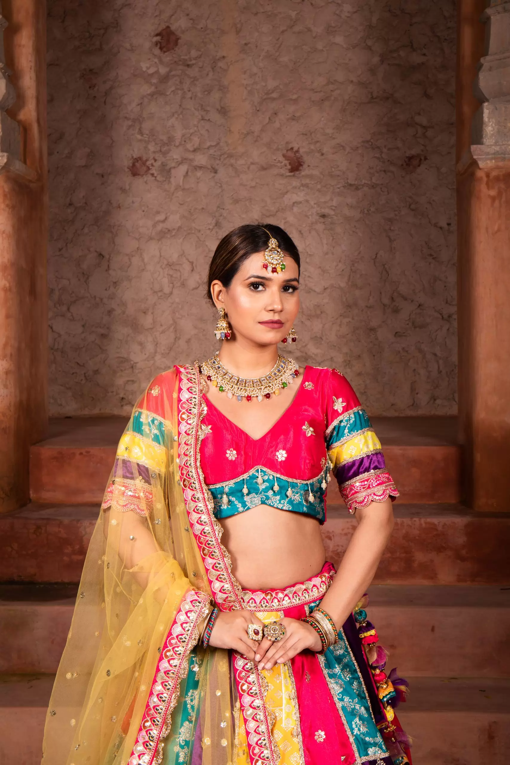 Multi colour Banarasi silk Mosaic lehenga set