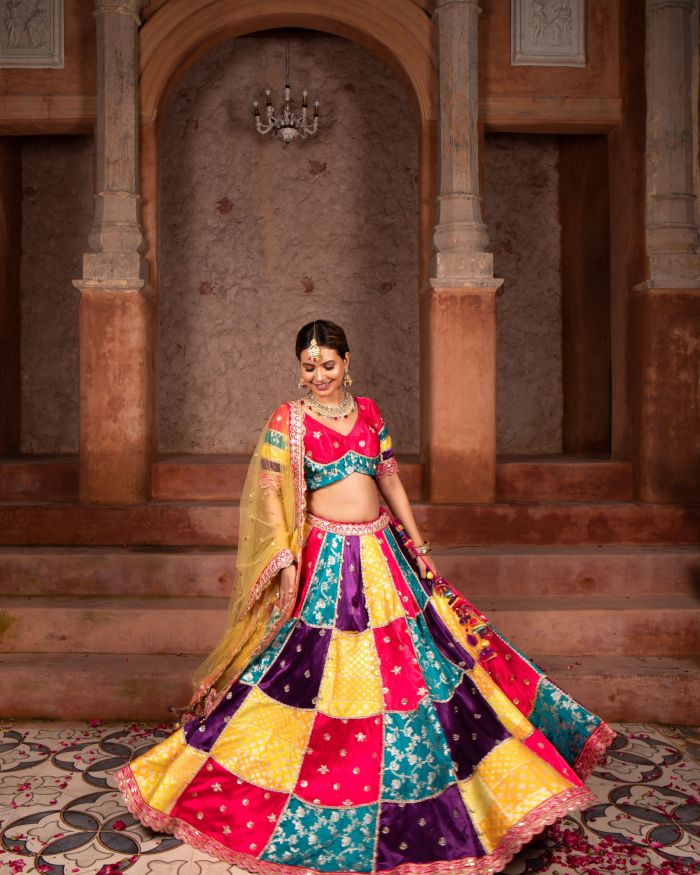 Multi colour Banarasi silk Mosaic lehenga set