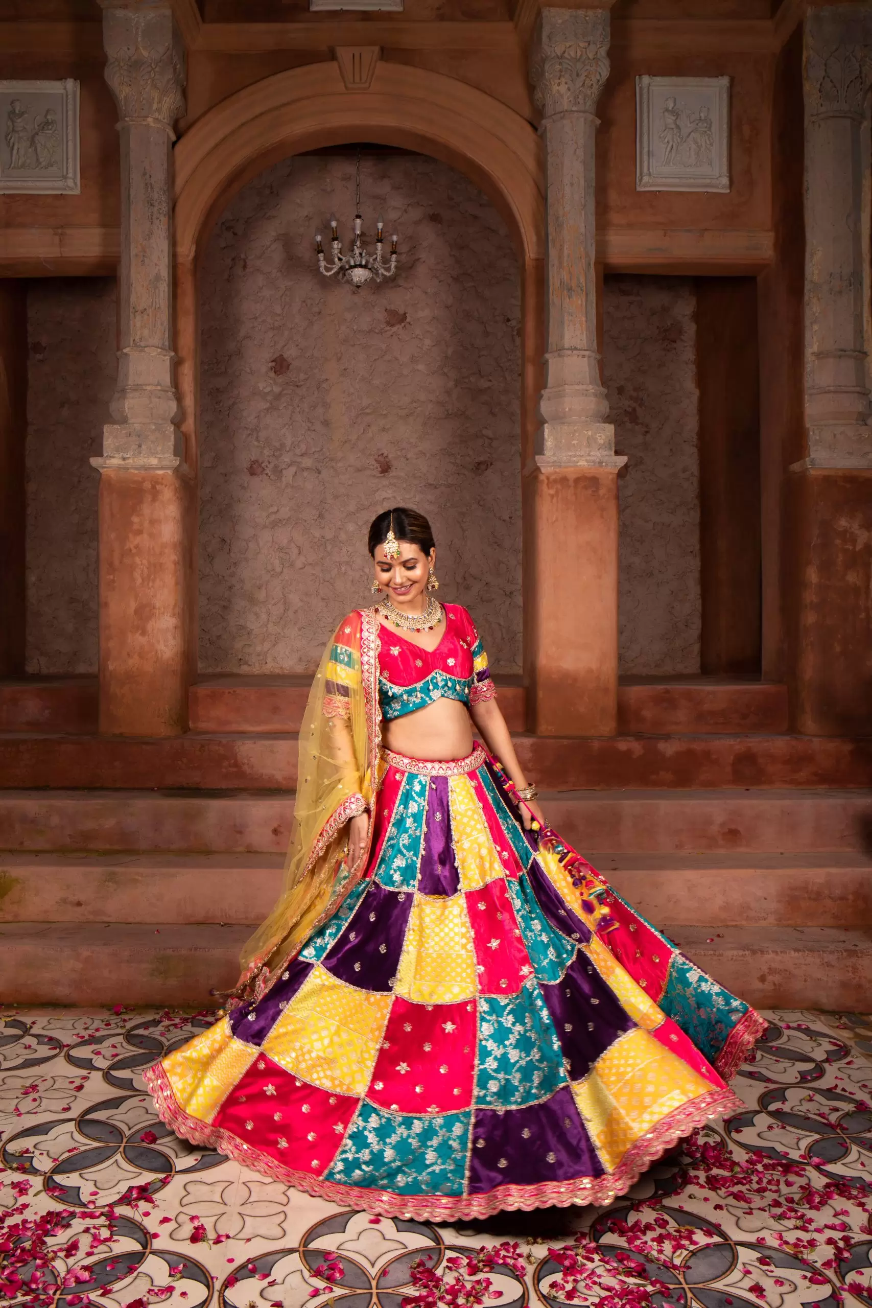 Multi colour Banarasi silk Mosaic lehenga set