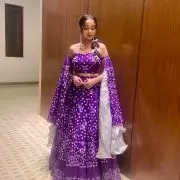 Purple thread and sequin tone on tone pure organza lehenga set