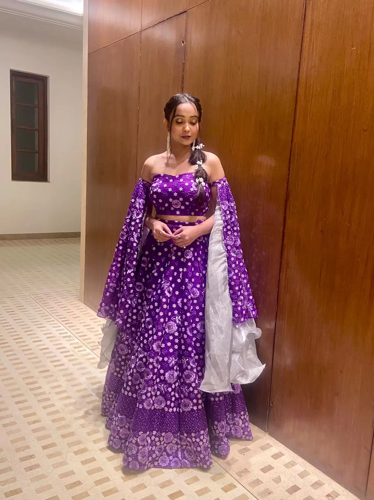 Purple thread and sequin tone on tone pure organza lehenga set