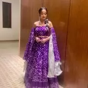 Purple thread and sequin tone on tone pure organza lehenga set