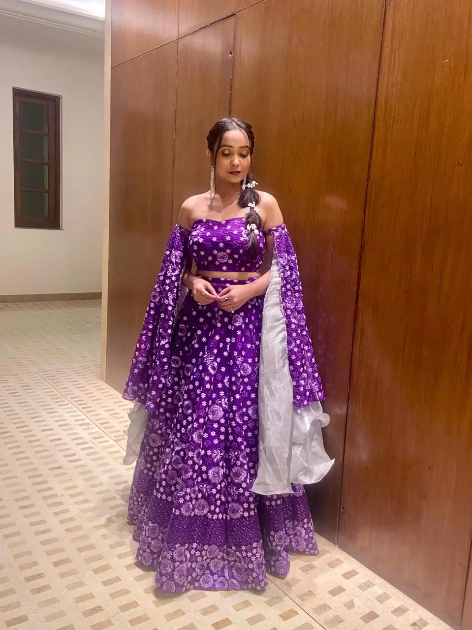 Purple thread and sequin tone on tone pure organza lehenga set