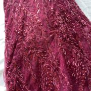 Big width floral pattern hand embroidered maroon net fabric