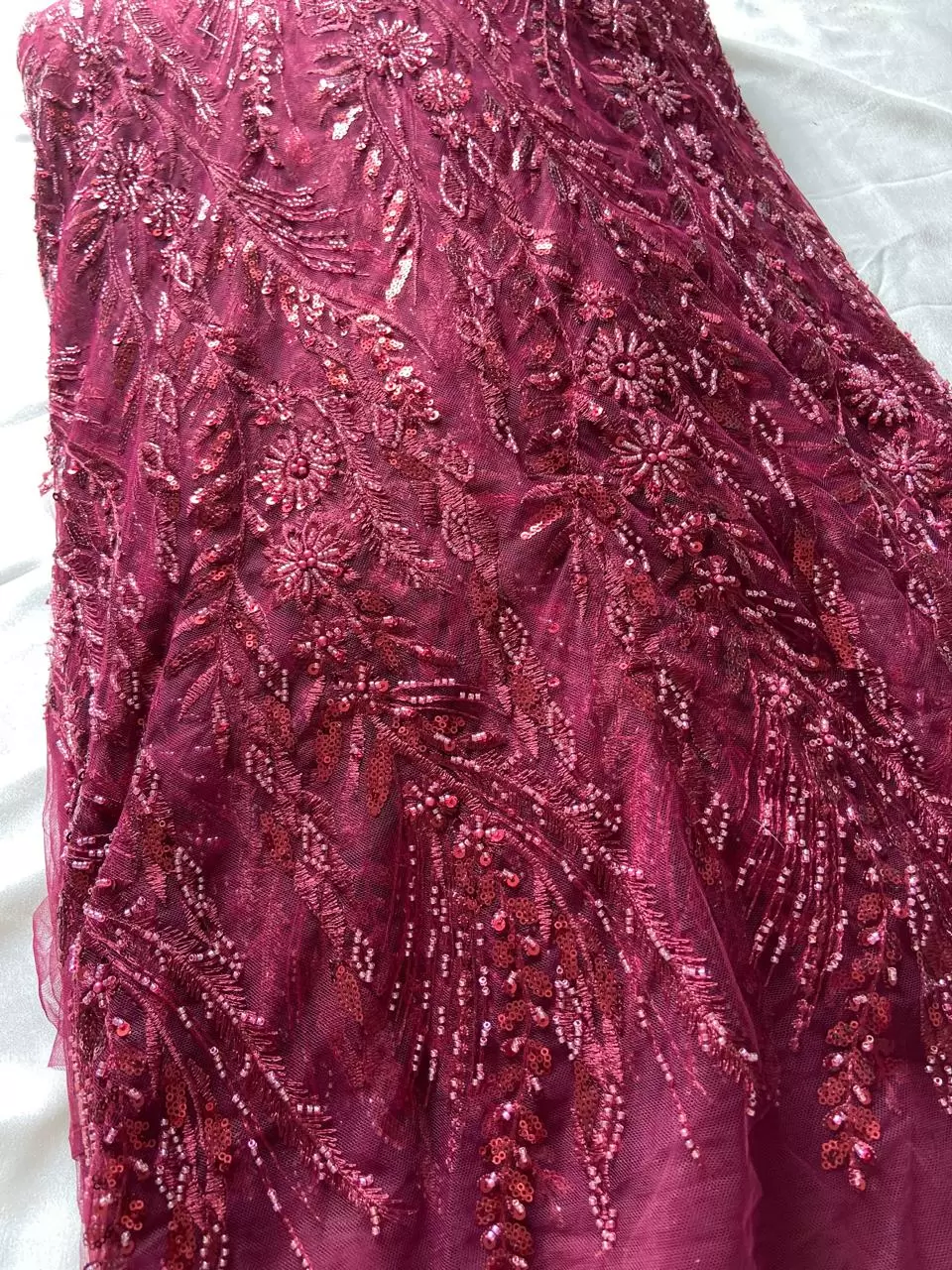 Big width floral pattern hand embroidered maroon net fabric