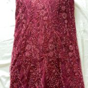 Big width floral pattern hand embroidered maroon net fabric