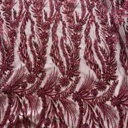 Big width floral pattern hand embroidered maroon net fabric