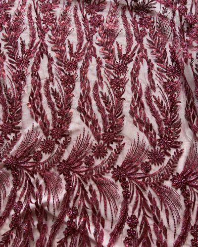 Big width floral pattern hand embroidered maroon net fabric