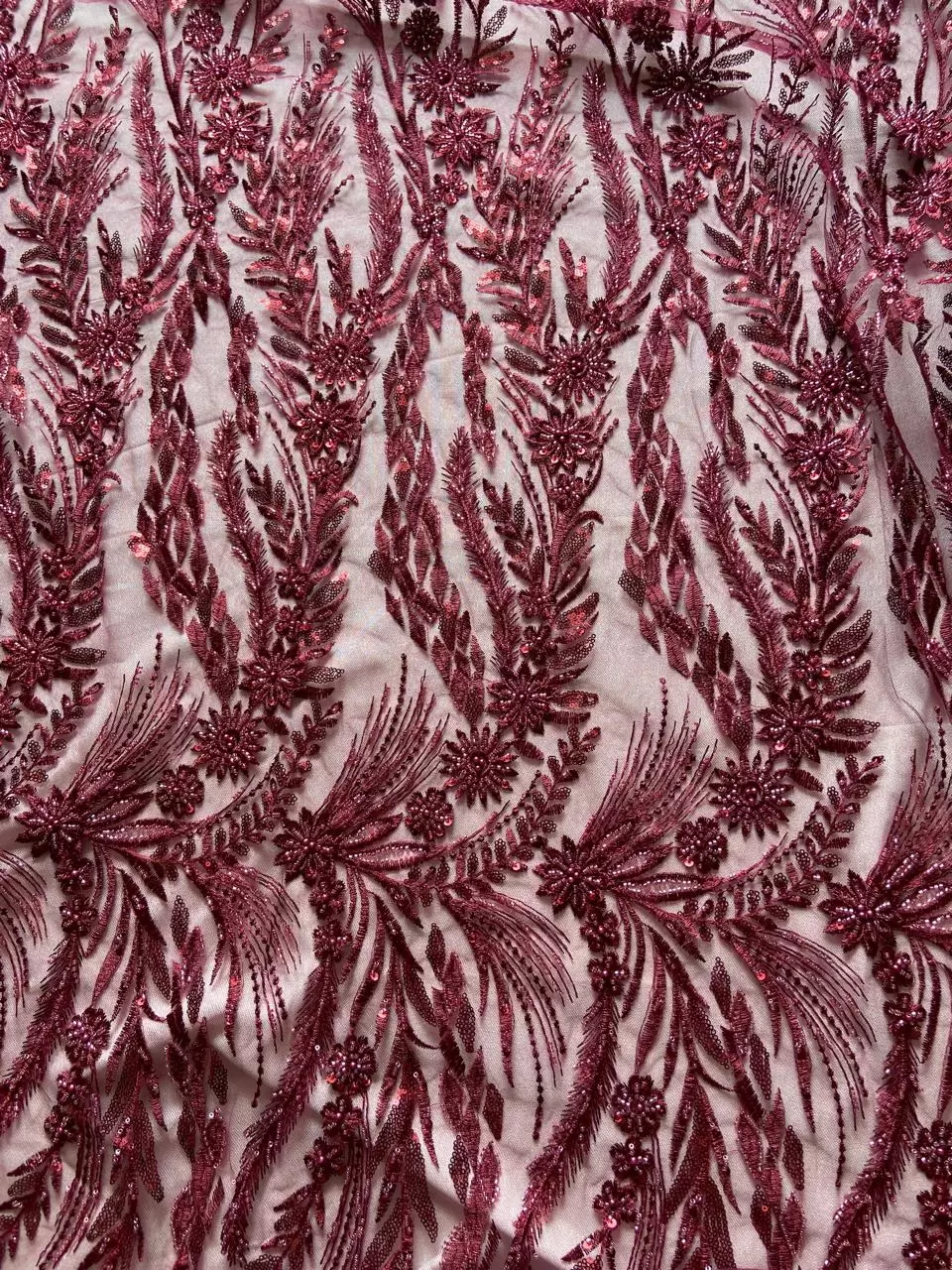 Big width floral pattern hand embroidered maroon net fabric