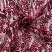 Big width floral pattern hand embroidered maroon net fabric