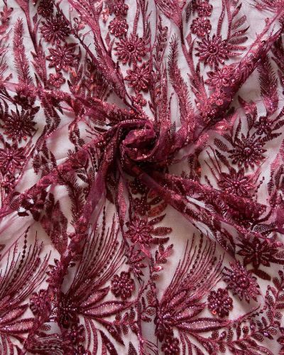 Big width floral pattern hand embroidered maroon net fabric