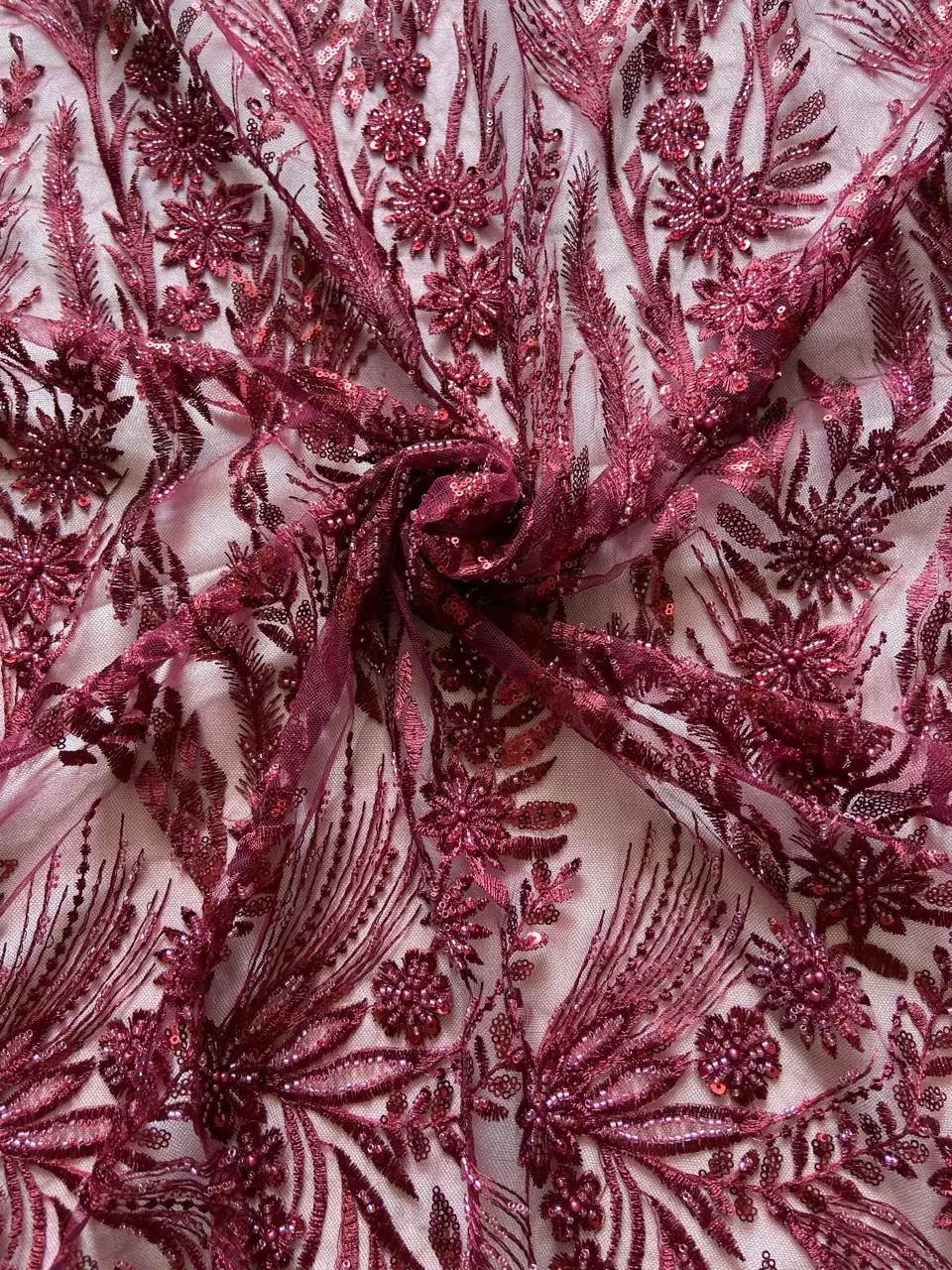 Big width floral pattern hand embroidered maroon net fabric