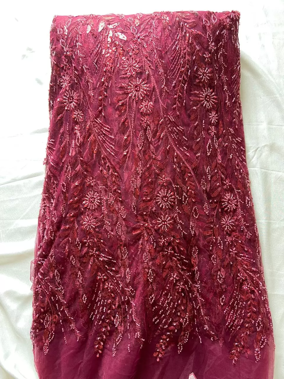 Big width floral pattern hand embroidered maroon net fabric