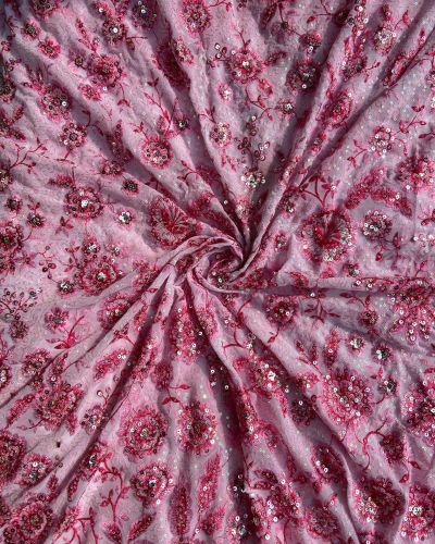 Pink thread and sequin floral embroidered pure  viscose white big width georgette fabric