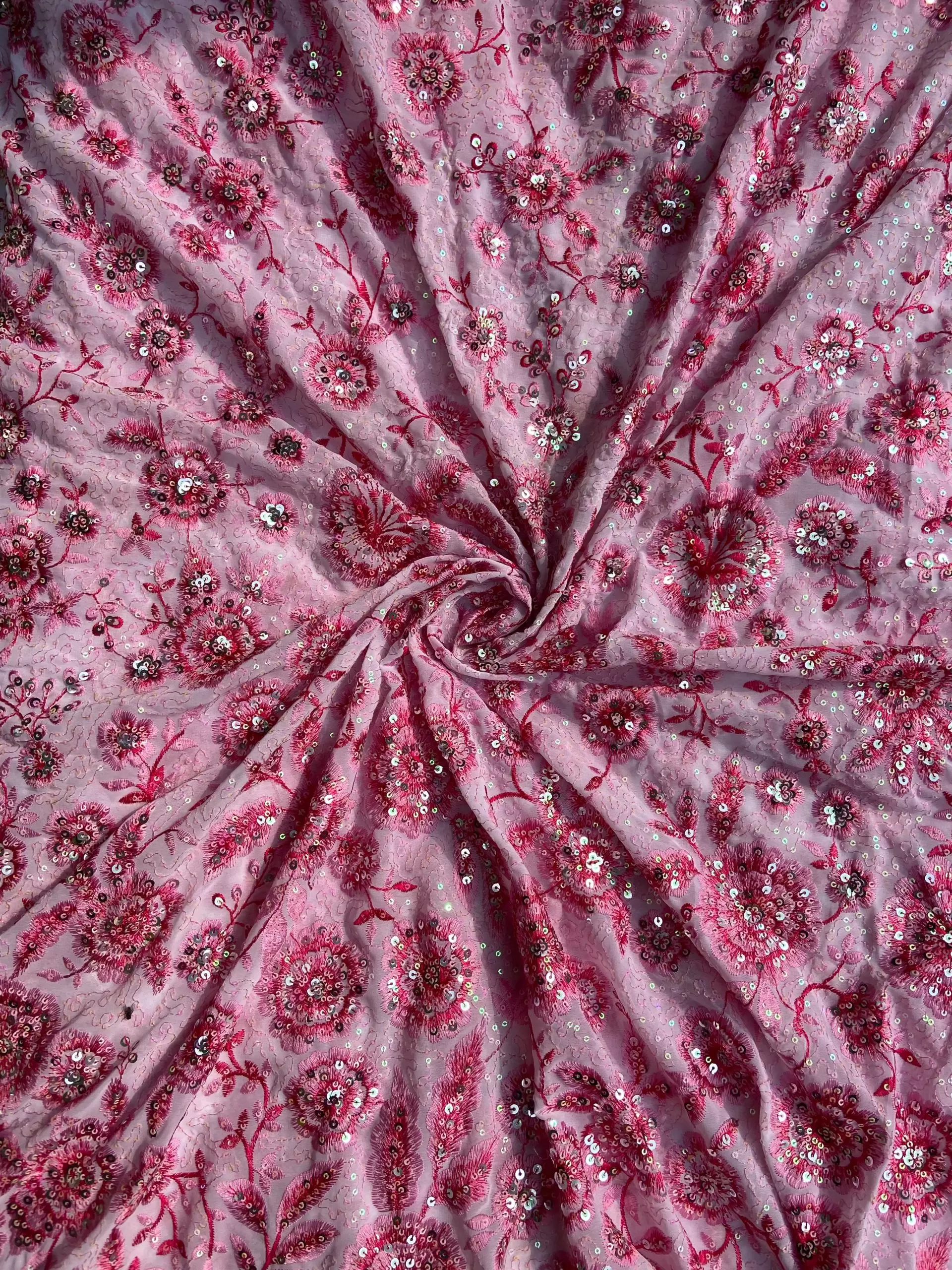 Pink thread and sequin floral embroidered pure viscose white big width georgette fabric