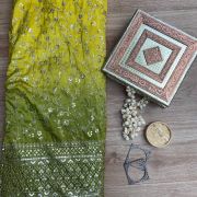 Yellow to green Ombre Shaded tissue silk fabric with heavy floral Zari and sequin embroidery with border