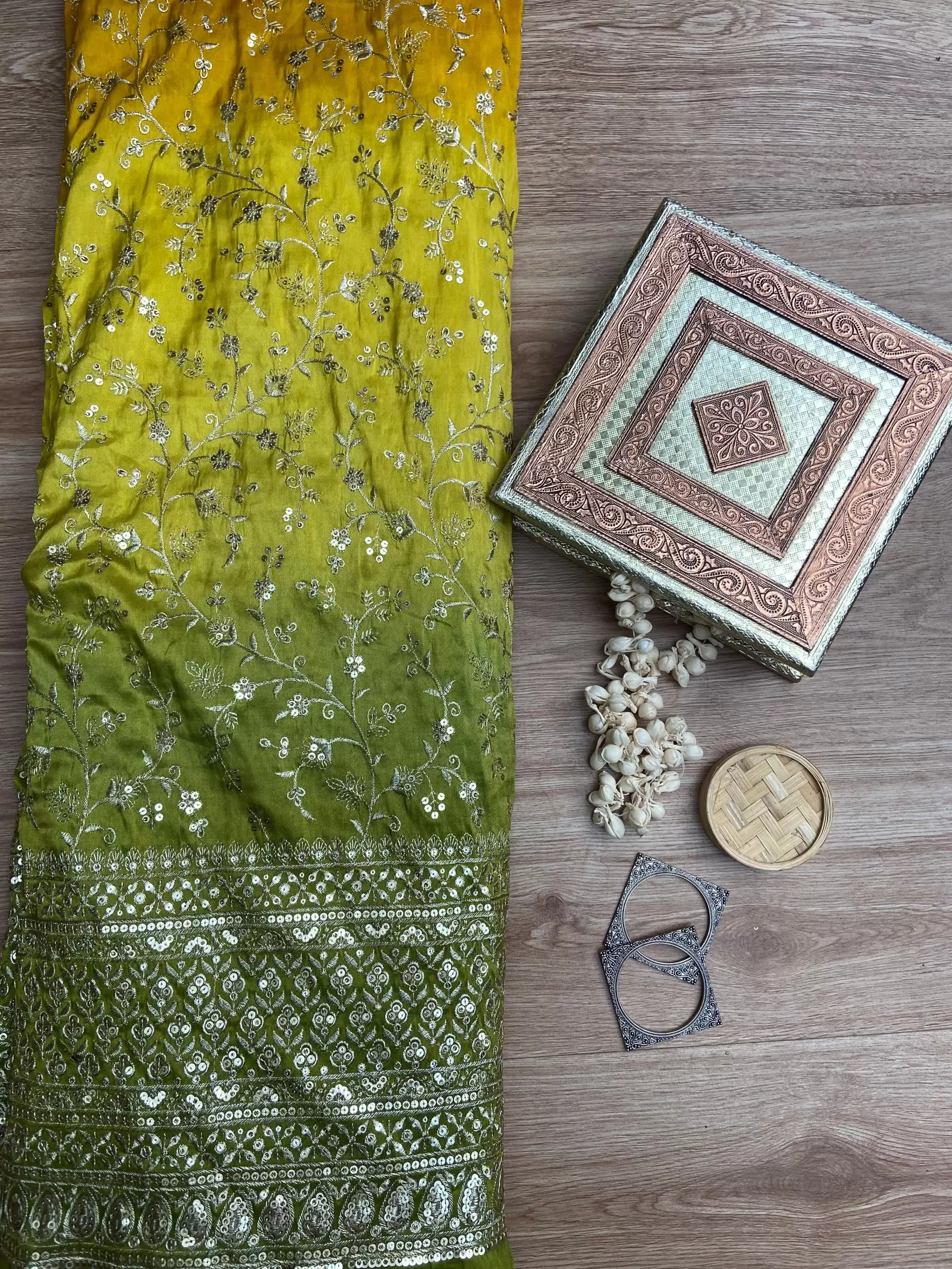 Yellow to green Ombre Shaded tissue silk fabric with heavy floral Zari and sequin embroidery with border