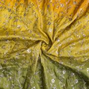 Yellow to green Ombre Shaded tissue silk fabric with heavy floral Zari and sequin embroidery with border