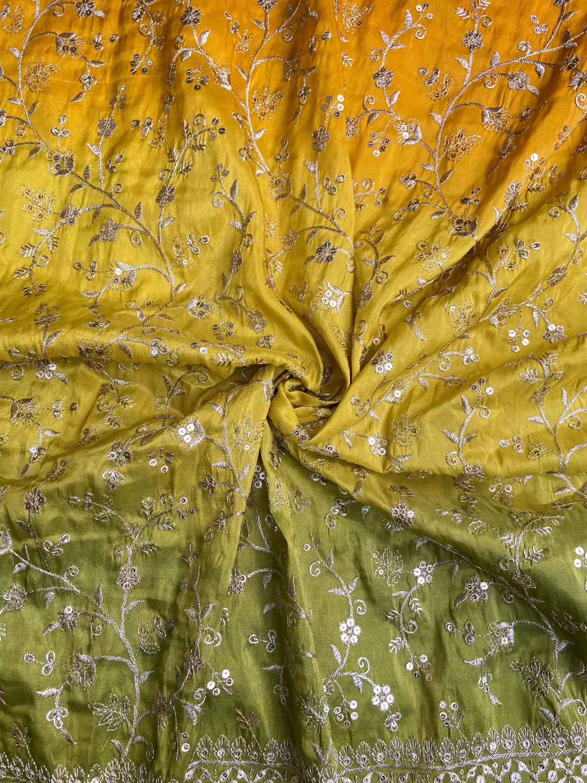 Yellow to green Ombre Shaded tissue silk fabric with heavy floral Zari and sequin embroidery with border