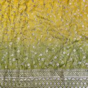 Yellow to green Ombre Shaded tissue silk fabric with heavy floral Zari and sequin embroidery with border