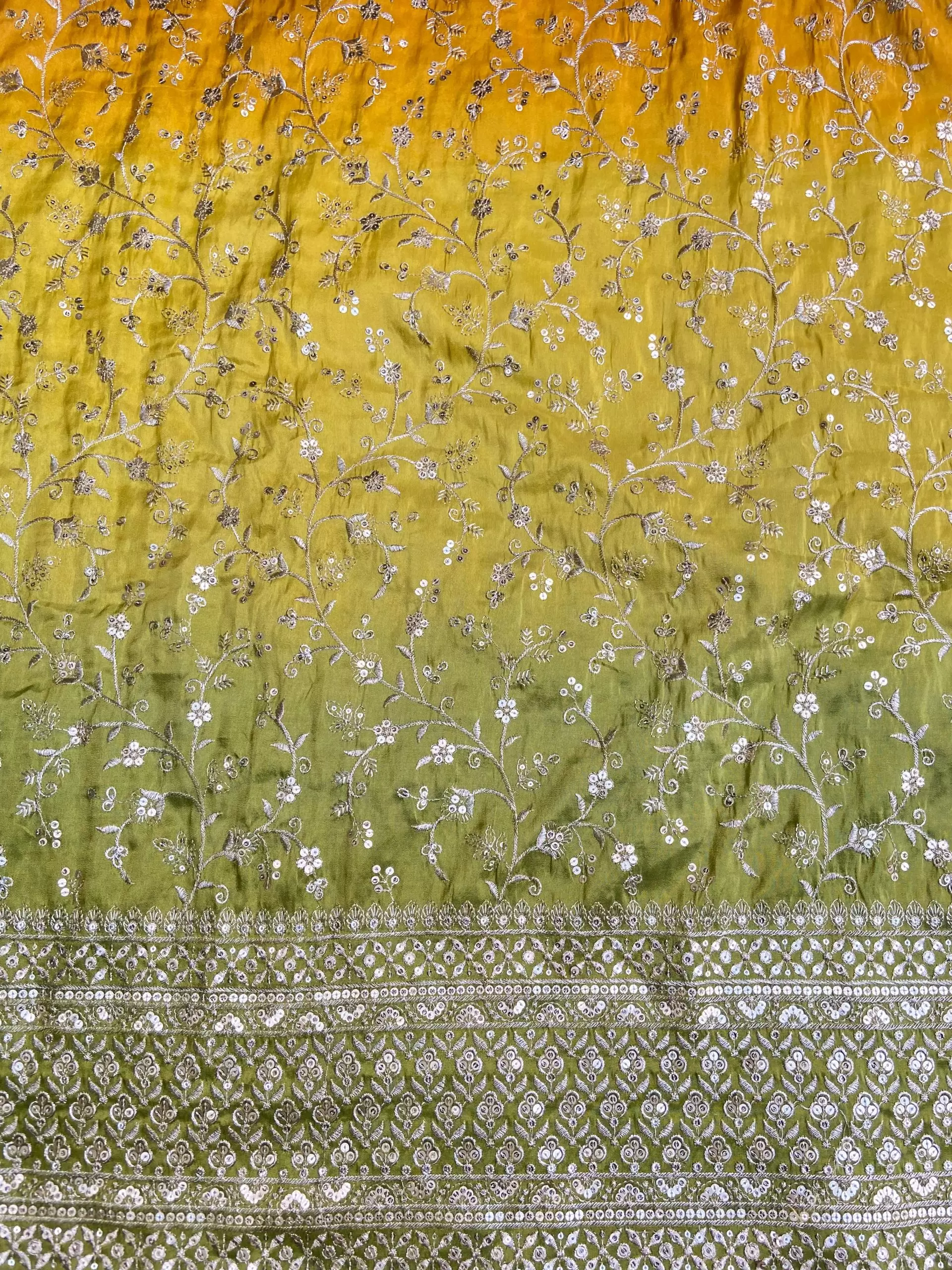 Yellow to green Ombre Shaded tissue silk fabric with heavy floral Zari and sequin embroidery with border