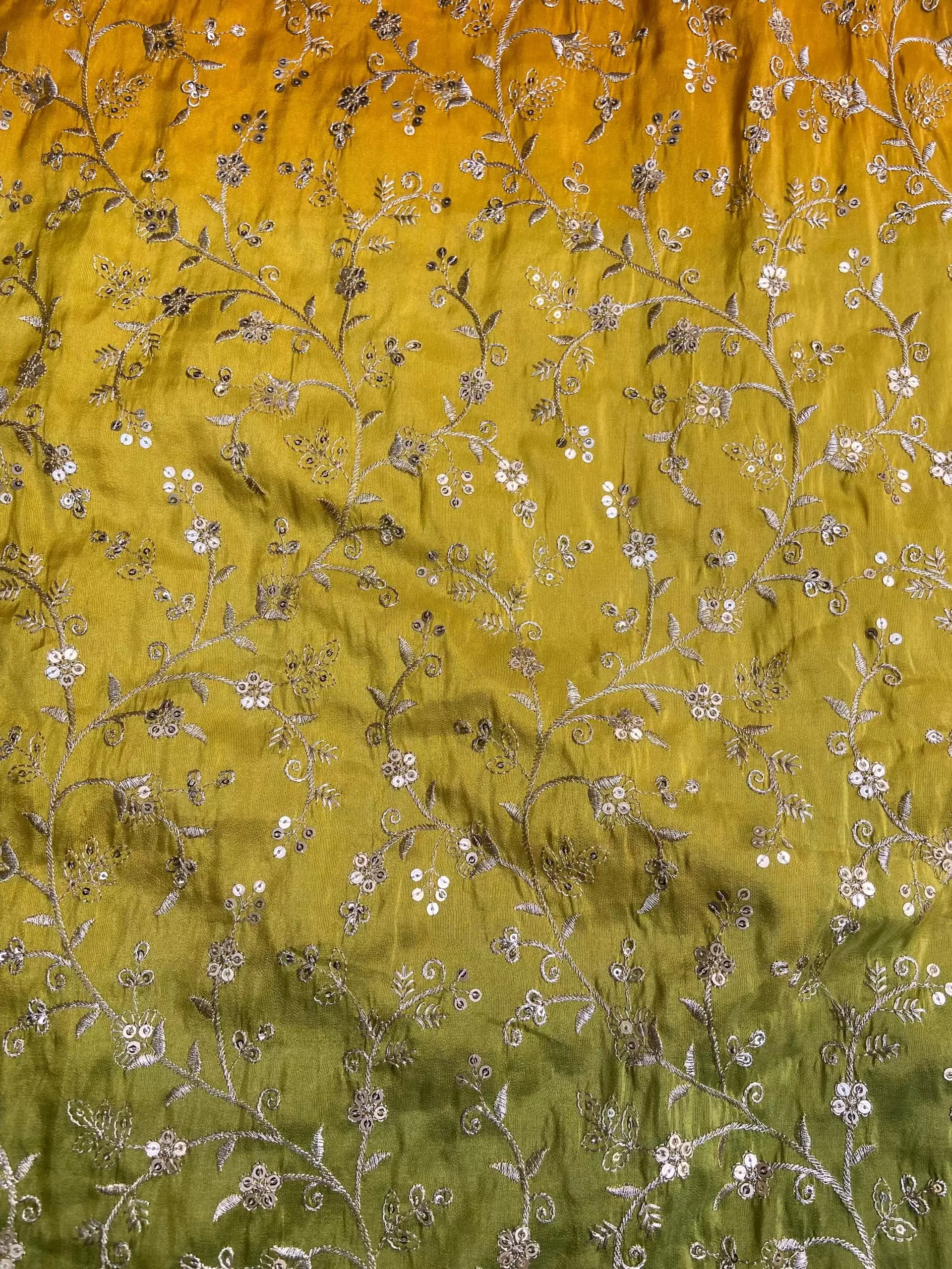 Yellow to green Ombre Shaded tissue silk fabric with heavy floral Zari and sequin embroidery with border