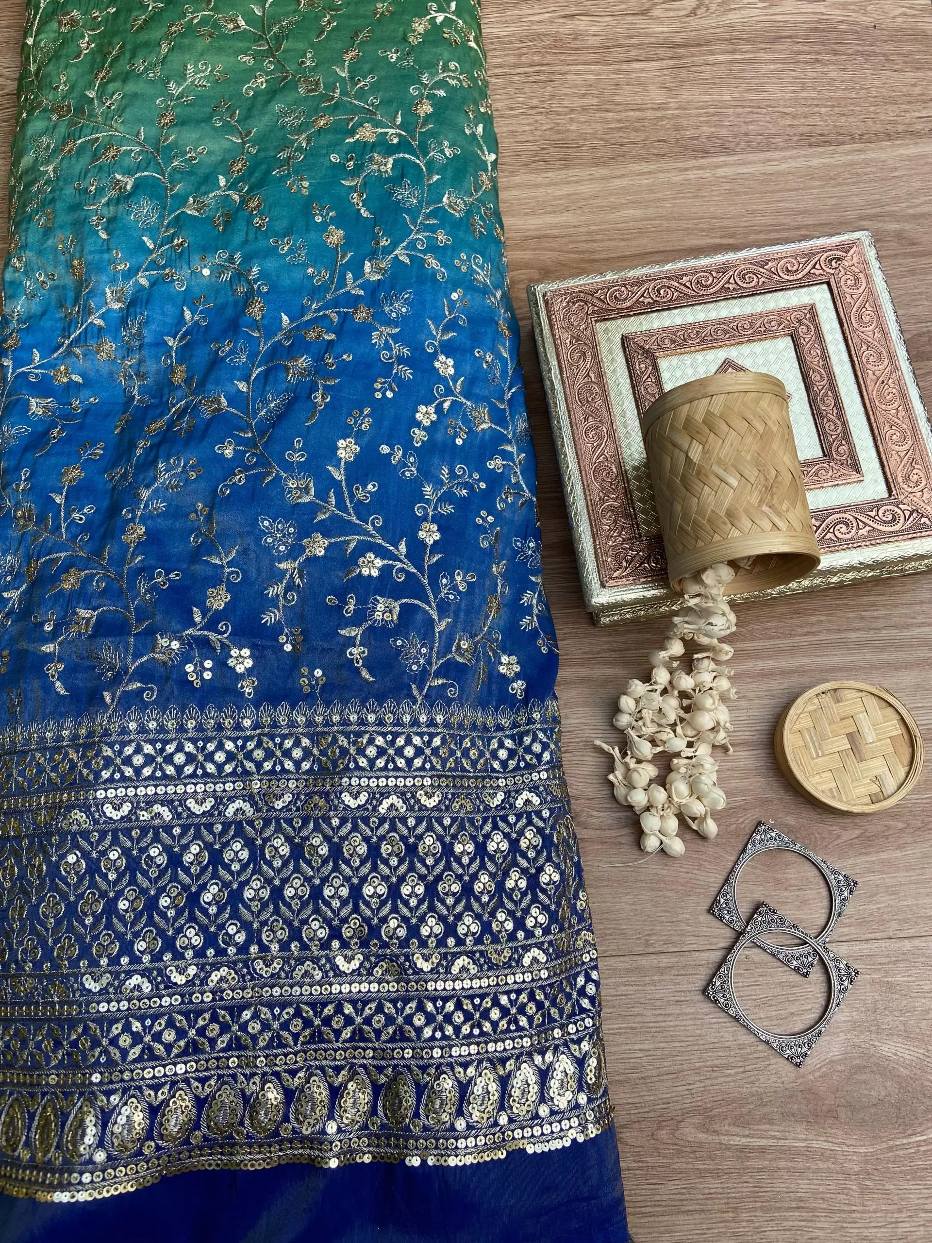 Green to blue Ombre Shaded tissue silk fabric with heavy floral Zari and sequin embroidery with border