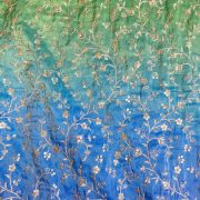 Green to blue Ombre Shaded tissue silk fabric with heavy floral Zari and sequin embroidery with border