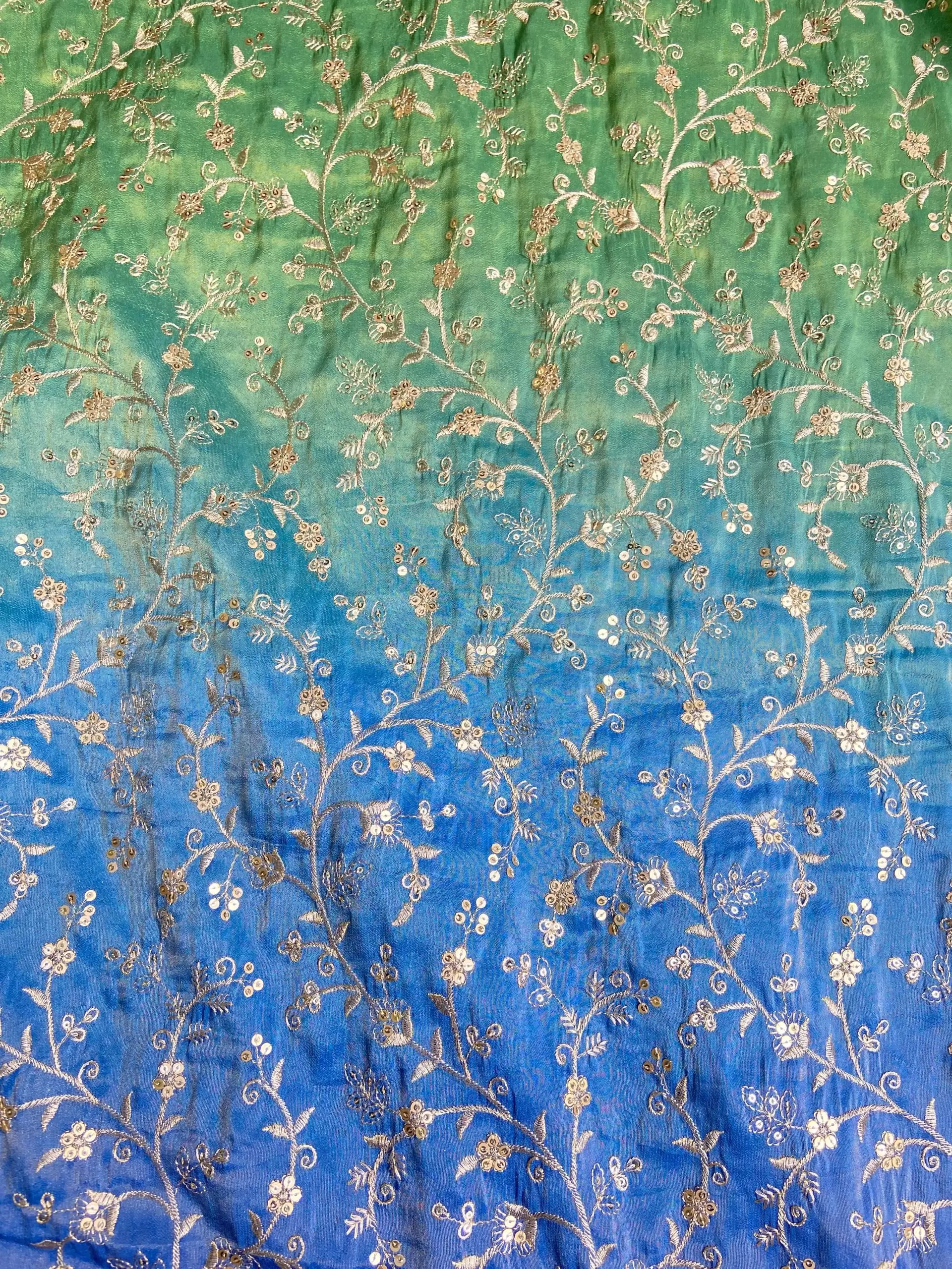 Green to blue Ombre Shaded tissue silk fabric with heavy floral Zari and sequin embroidery with border