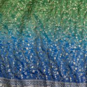 Green to blue Ombre Shaded tissue silk fabric with heavy floral Zari and sequin embroidery with border