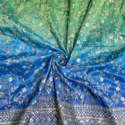 Green to blue Ombre Shaded tissue silk fabric with heavy floral Zari and sequin embroidery with border