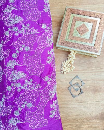 White thread sequin and hand work cut dana embroidery on Mauve purple pure Chinnon fabric