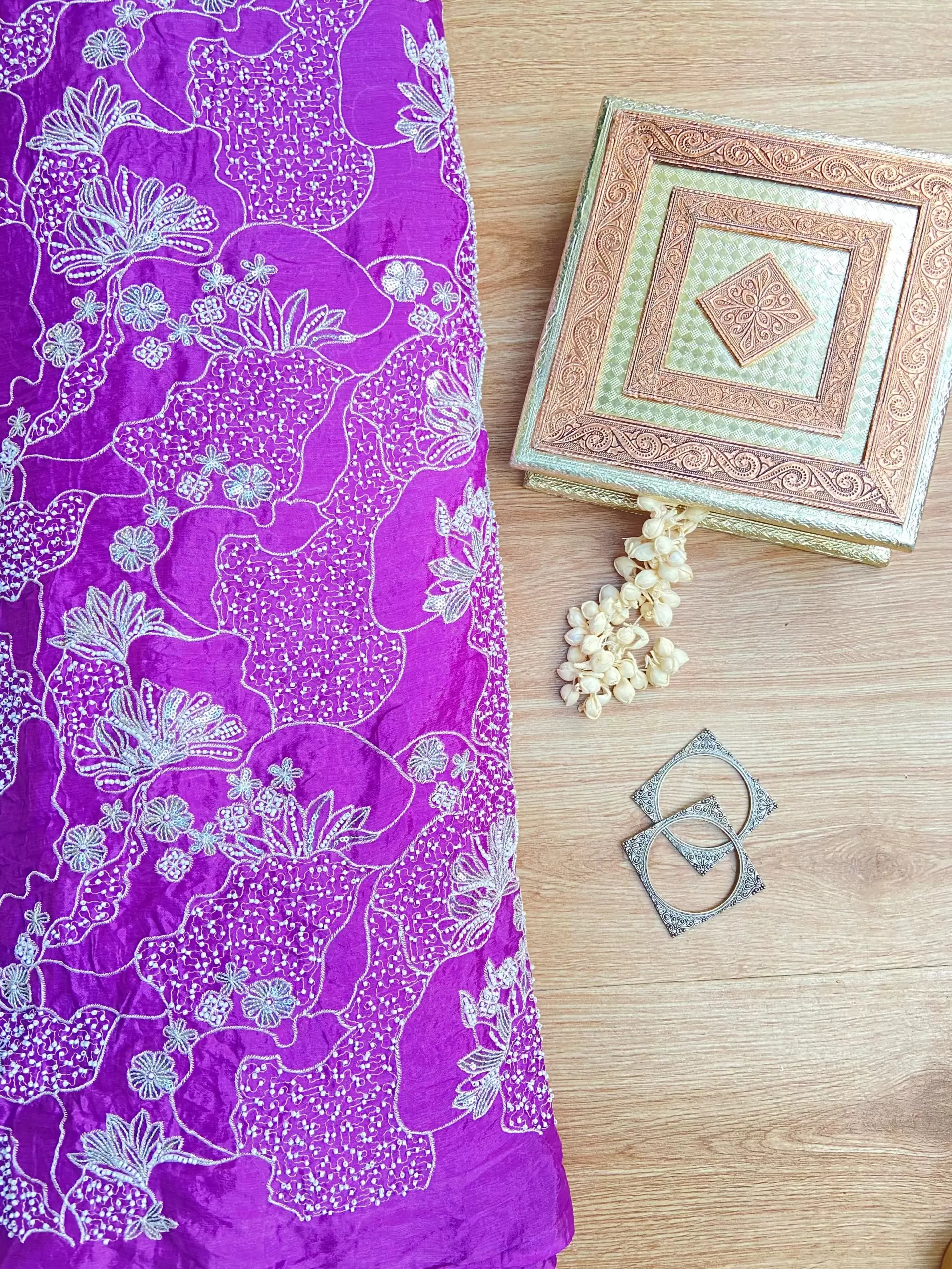 White thread sequin and hand work cut dana embroidery on Mauve purple pure Chinnon fabric