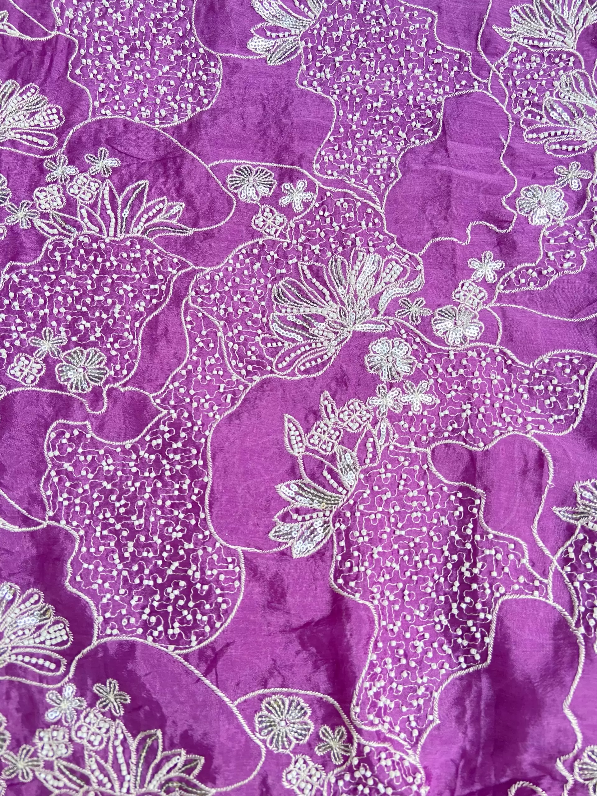 White thread sequin and hand work cut dana embroidery on Mauve purple pure Chinnon fabric