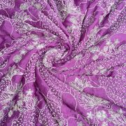 White thread sequin and hand work cut dana embroidery on Mauve purple pure Chinnon fabric