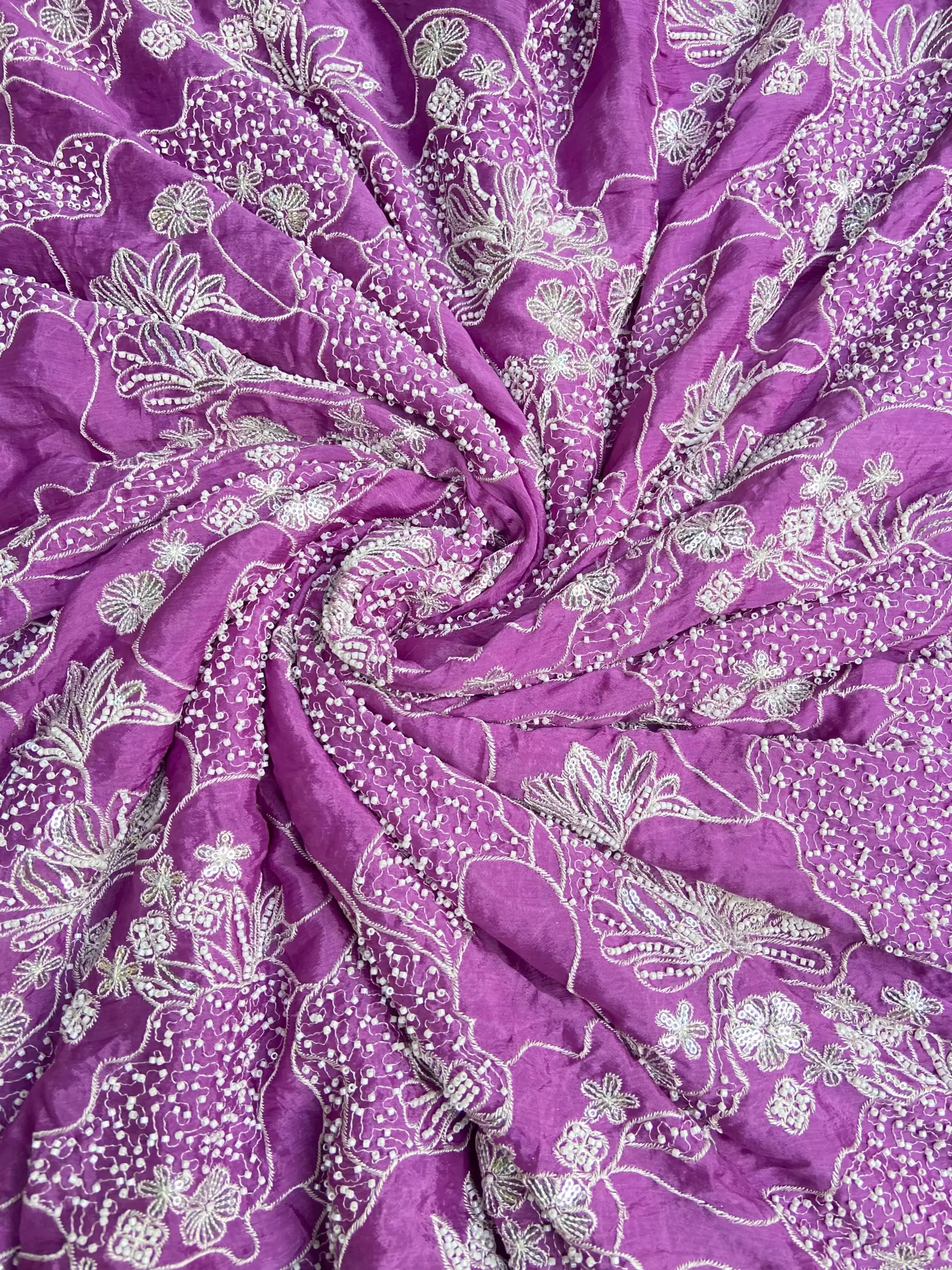 White thread sequin and hand work cut dana embroidery on Mauve purple pure Chinnon fabric