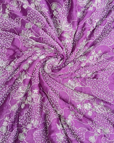 White thread sequin and hand work cut dana embroidery on Mauve purple pure Chinnon fabric