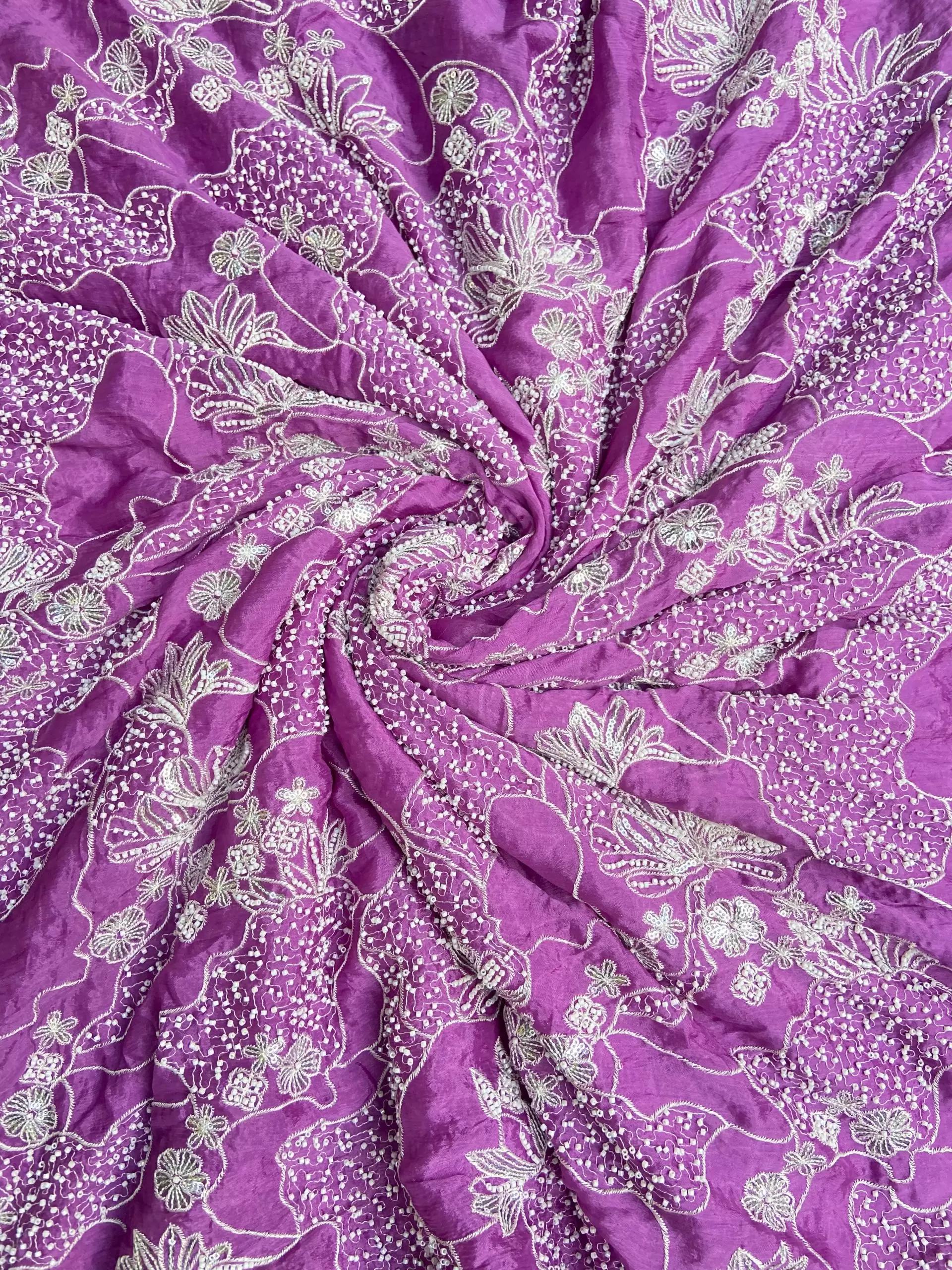 White thread sequin and hand work cut dana embroidery on Mauve purple pure Chinnon fabric