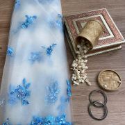 Blue thread and sequin floral embroidery border on net fabric dupatta