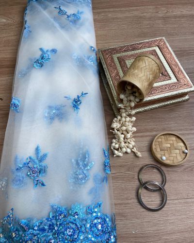 Blue thread and sequin  floral embroidery border on net fabric dupatta