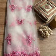 Pink thread and sequin floral embroidery border on net fabric dupatta