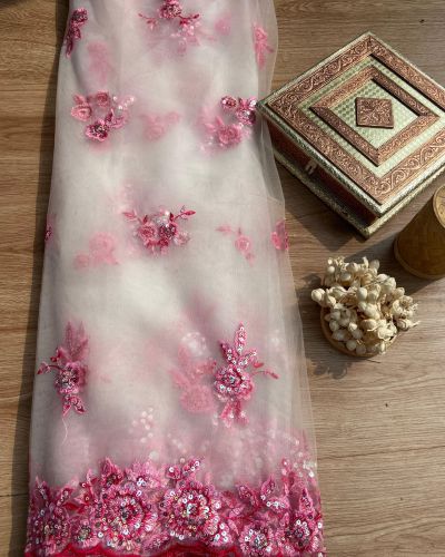 Pink thread and sequin  floral embroidery border on net fabric dupatta