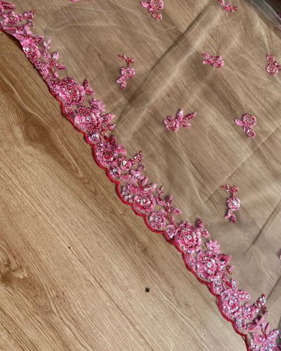 Pink thread and sequin  floral embroidery border on net fabric dupatta