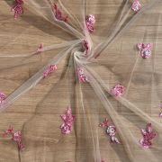 Pink thread and sequin floral embroidery border on net fabric dupatta