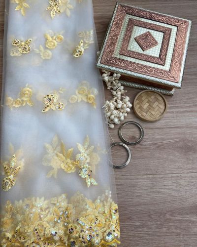 Yellow thread and sequin  floral embroidery border on net fabric dupatta