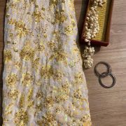 Yellow thread and sequin floral embroidered pure viscose white big width georgette fabric