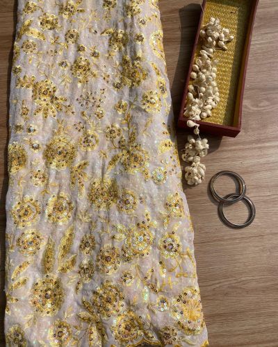 Yellow thread and sequin floral embroidered pure  viscose white big width georgette fabric